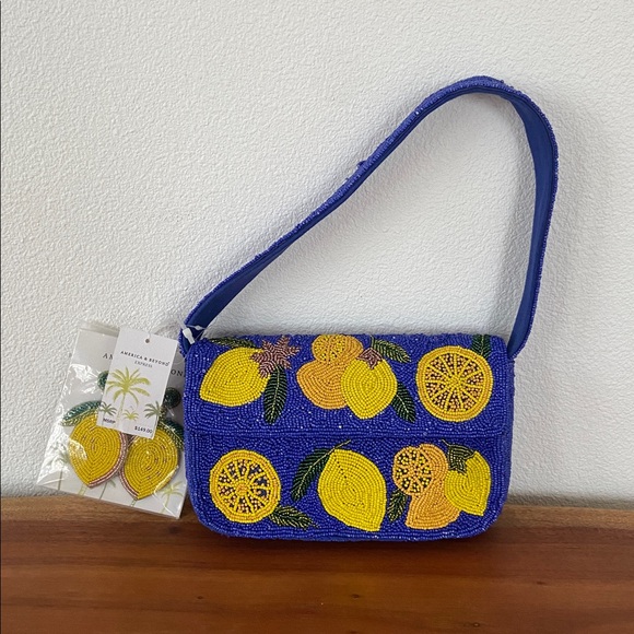 Viral America & Beyond beaded lemon bag w/ earring set Europe travel spring NWT - Picture 3 of 16